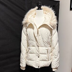 Guess Cream Puffer Jacket with Faux Fur Trim